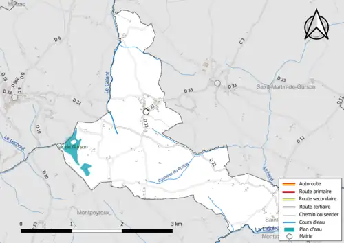 Carte en couleur présentant le réseau hydrographique de la commune