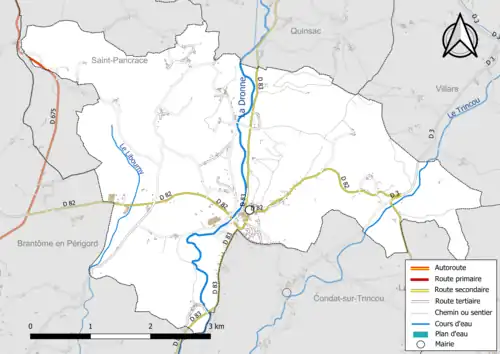Carte en couleur présentant le réseau hydrographique de la commune