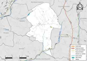 Carte en couleur présentant le réseau hydrographique de la commune