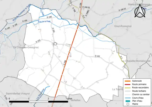 Carte en couleur présentant le réseau hydrographique de la commune