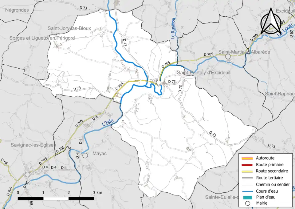 Carte en couleur présentant le réseau hydrographique de la commune