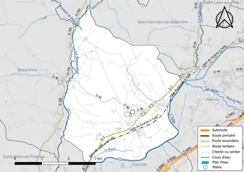 Carte en couleur présentant le réseau hydrographique de la commune