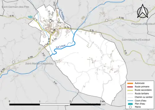 Carte en couleur présentant le réseau hydrographique de la commune