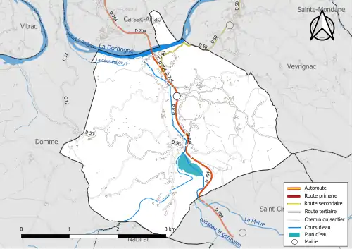 Carte en couleur présentant le réseau hydrographique de la commune