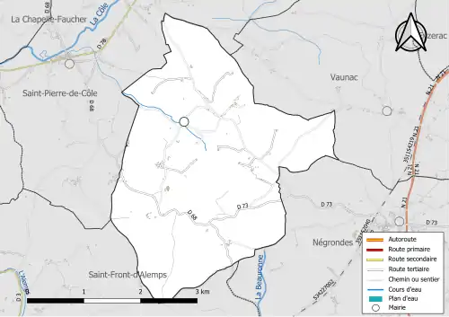Carte en couleur présentant le réseau hydrographique de la commune