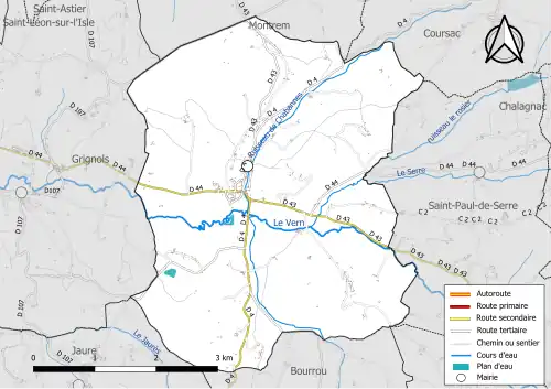 Carte en couleur présentant le réseau hydrographique de la commune