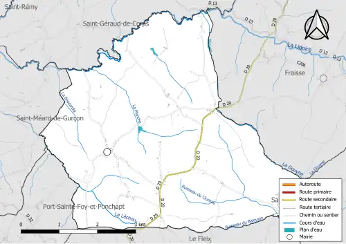 Carte en couleur présentant le réseau hydrographique de la commune