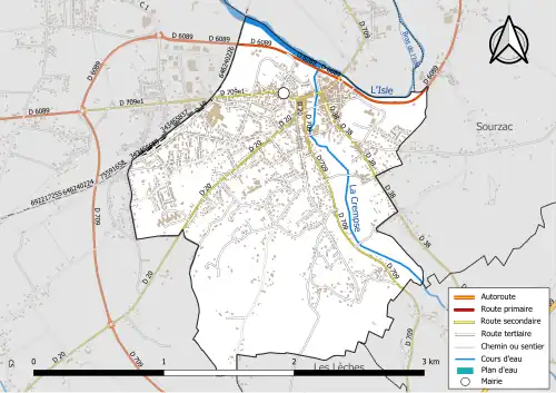Carte en couleur présentant le réseau hydrographique de la commune
