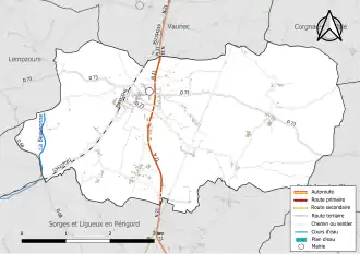 Carte en couleur présentant le réseau hydrographique de la commune