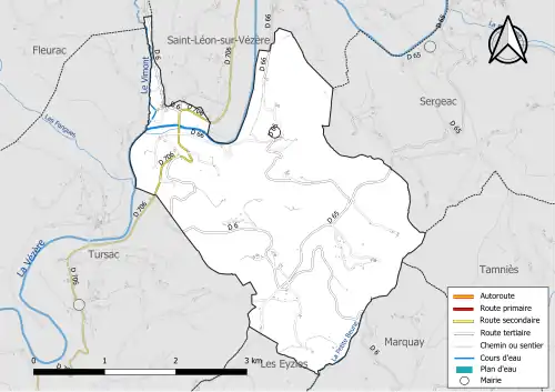 Carte en couleur présentant le réseau hydrographique de la commune