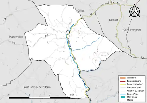 Carte en couleur présentant le réseau hydrographique de la commune