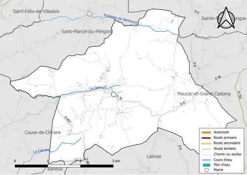Carte en couleur présentant le réseau hydrographique de la commune