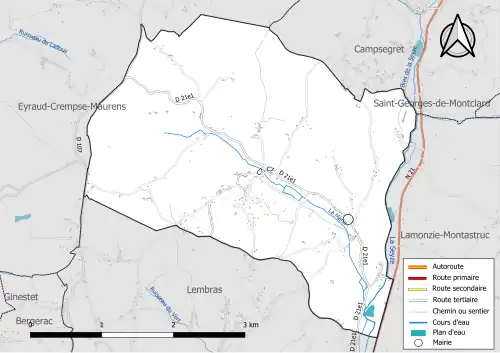 Carte en couleur présentant le réseau hydrographique de la commune