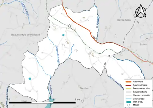 Carte en couleur présentant le réseau hydrographique de la commune