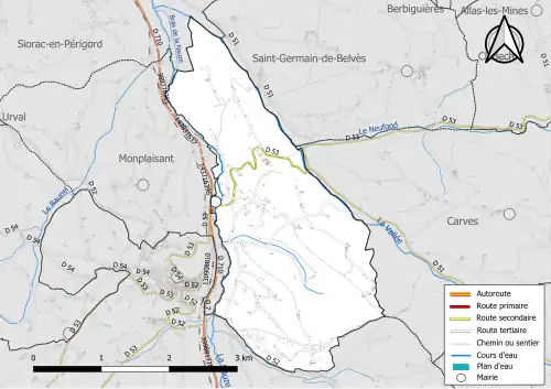 Carte en couleur présentant le réseau hydrographique de la commune