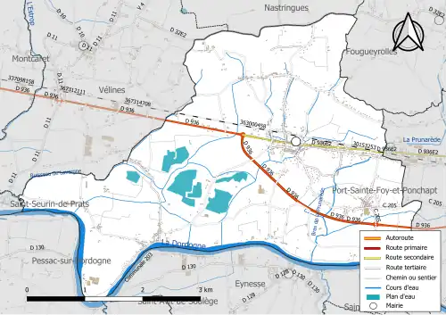 Carte en couleur présentant le réseau hydrographique de la commune