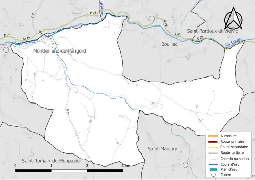 Carte en couleur présentant le réseau hydrographique de la commune