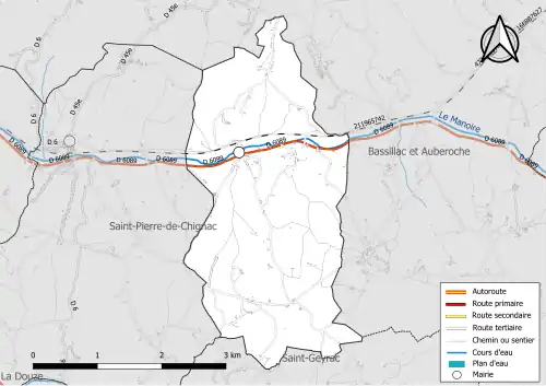 Carte en couleur présentant le réseau hydrographique de la commune
