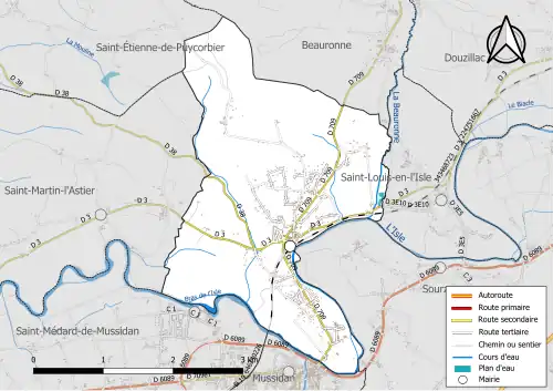 Carte en couleur présentant le réseau hydrographique de la commune