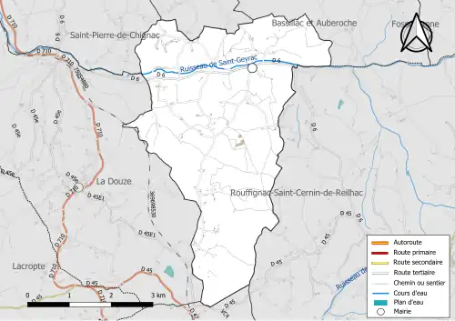 Carte en couleur présentant le réseau hydrographique de la commune