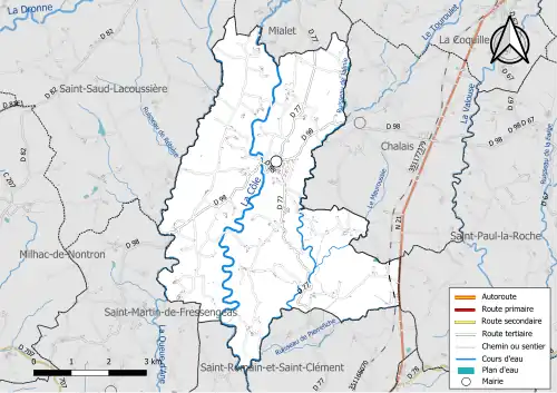 Carte en couleur présentant le réseau hydrographique de la commune