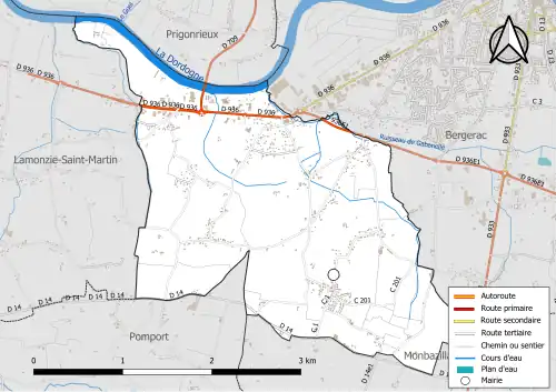 Carte en couleur présentant le réseau hydrographique de la commune