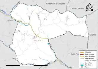 Carte en couleur présentant le réseau hydrographique de la commune