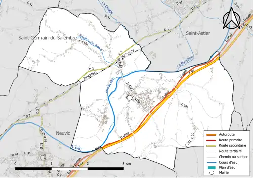 Carte en couleur présentant le réseau hydrographique de la commune