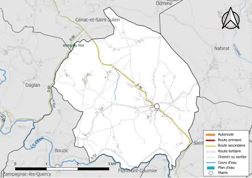 Carte en couleur présentant le réseau hydrographique de la commune