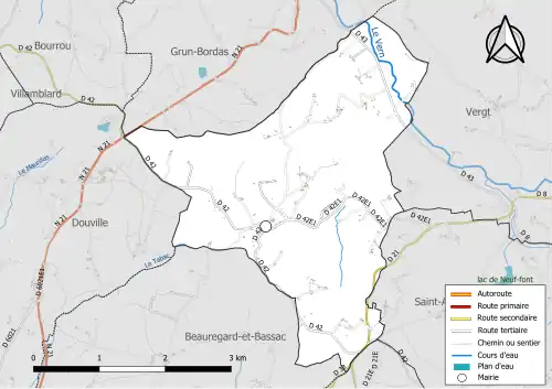 Carte en couleur présentant le réseau hydrographique de la commune