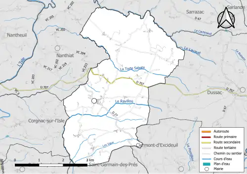 Carte en couleur présentant le réseau hydrographique de la commune