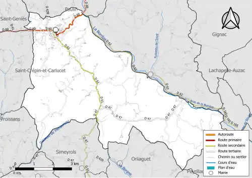 Carte en couleur présentant le réseau hydrographique de la commune