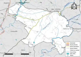 Carte en couleur présentant le réseau hydrographique de la commune