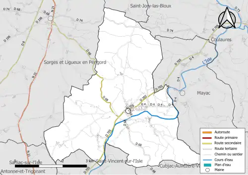 Carte en couleur présentant le réseau hydrographique de la commune