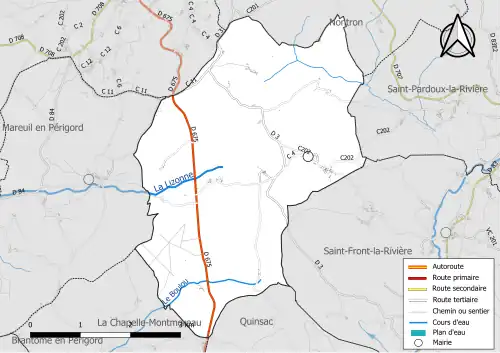 Carte en couleur présentant le réseau hydrographique de la commune