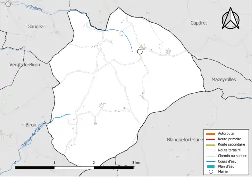 Carte en couleur présentant le réseau hydrographique de la commune