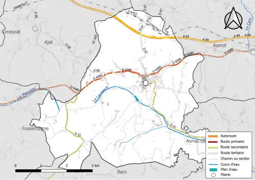 Carte en couleur présentant le réseau hydrographique de la commune