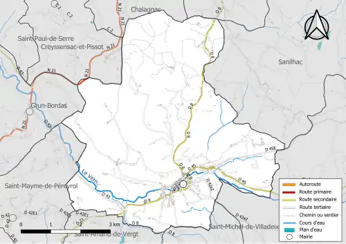 Carte en couleur présentant le réseau hydrographique de la commune