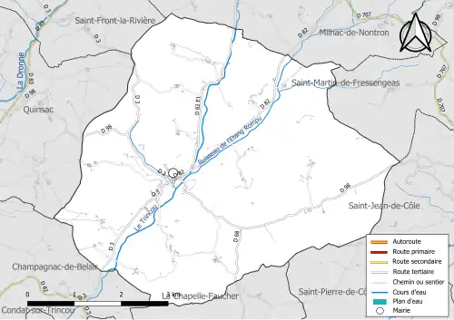 Carte en couleur présentant le réseau hydrographique de la commune