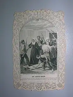 Image dentelle, vers 1 du XIXe&nbsp;siècle, illustré et estampé par de la Maison Bouasse-Lebel & Cie ; La scène représente des sœurs de Saint Vincent de Paul sauvant un officier de la garde mobile au faubourg Saint Marceimage dentelle, vers 1850, illustrée et estampée par de la Maison Bouasse-Lebel & Cie ; La scène représente des sœurs de Saint Vincent de Paul sauvant un officier de la garde mobile au faubourg Saint Marceau. Pièce conservée à la Bibliothèque du Saulchoirau. Pièce conservée à la Bibliothèque du Saulchoir