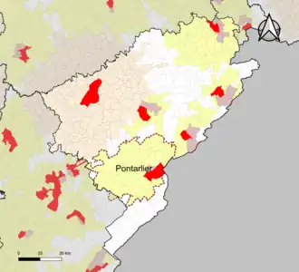 Localisation de l'aire d'attraction de Pontarlier dans le département du Doubs.