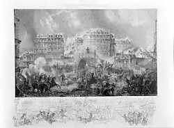 Représentation par l'artiste Ignace-François Bonhommé de la répression menée par le général Eugène Cavaignac, le 25 juin 1848 au Canal Saint-Martin. Alphonse de Lamartine apparaît au premier plan, à cheval, levant le bras droit.