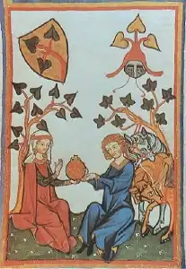 Codex Manesse - XIIIe&nbsp;siècle. Le chanteur de Minne Günther Von Dem Vorste et son amante. Les lierres qui les entourent et les blasons stylisés symbolisent leur attachement réciproque.