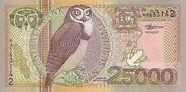 Pulsatrix perspicillata sur un billet de 25 000 Suriname Banknote