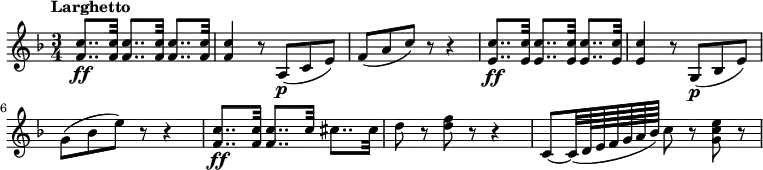 
\new Staff \with {
  midiInstrument = "violin"
}
\relative c'' {
    \version "2.18.2"
    \key f \major
    \time 3/4
    \tempo "Larghetto"
    \tempo 8 = 72
    
     <f, c'>8.. \ff <f c'>32 <f c'>8.. <f c'>32 <f c'>8.. <f c'>32
     <f c'>4 r8 a,8 \p (c8 e8)
     f8 (a8 c8) r8 r4
     <e, c'>8.. \ff <e c'>32 <e c'>8.. <e c'>32 <e c'>8.. <e c'>32
     <e c'>4 r8 g,8 \p (bes8 e8)
     g8 (bes8 e8) r8 r4
     <f, c'>8.. \ff <f c'>32 <f c'>8.. c'32 cis8.. cis32
     d8 r8 <d f>8 r8 r4
     c,8~ c32 (d64 e64 f64 g64 a64 bes64) c8 r8 <g c e>8 r8
}
