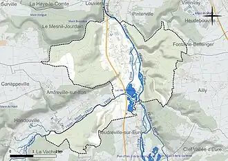 Carte en couleur présentant le réseau hydrographique de la commune
