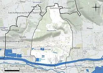 Carte en couleur présentant le réseau hydrographique de la commune