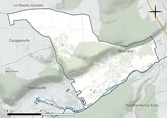 Carte en couleur présentant le réseau hydrographique de la commune