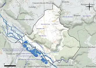 Carte en couleur présentant le réseau hydrographique de la commune