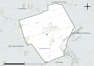 Carte en couleur présentant le réseau hydrographique de la commune